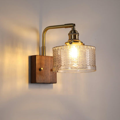 Handcrafted Wall Sconce with Textured Glass Shade & Natural Wood Bracket for Living Room, Bedroom, Hallway