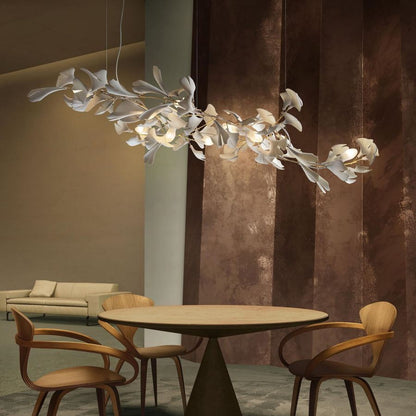 Handcrafted Porcelain Leaf Chandelier – Organic Linear Design with Warm LED Glow for Dining Room, Living Room & Entryway