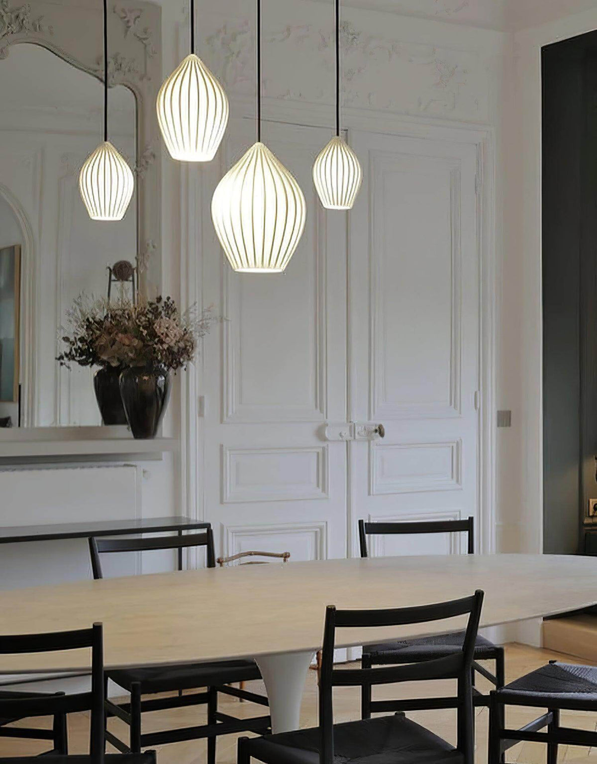 Ceramic Hanging Light Fixture White Ribbed Shade E14 Socket for Kitchen Island Dining Room Table Ceiling Adjustable Cord