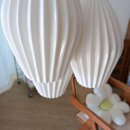 Ceramic Hanging Light Fixture White Ribbed Shade E14 Socket for Kitchen Island Dining Room Table Ceiling Adjustable Cord
