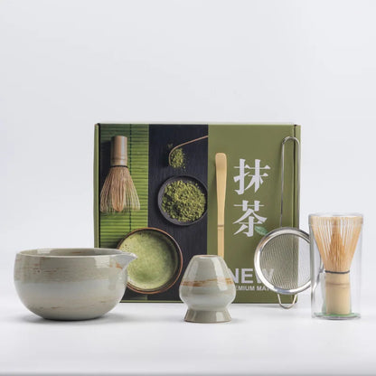 Bamboo Matcha Whisk and Bowl Set 5 Piece, Ceramic Matcha Set with Whisk Holder Scoop and Sifter, Hand Glazed Stoneware Matcha Bowl