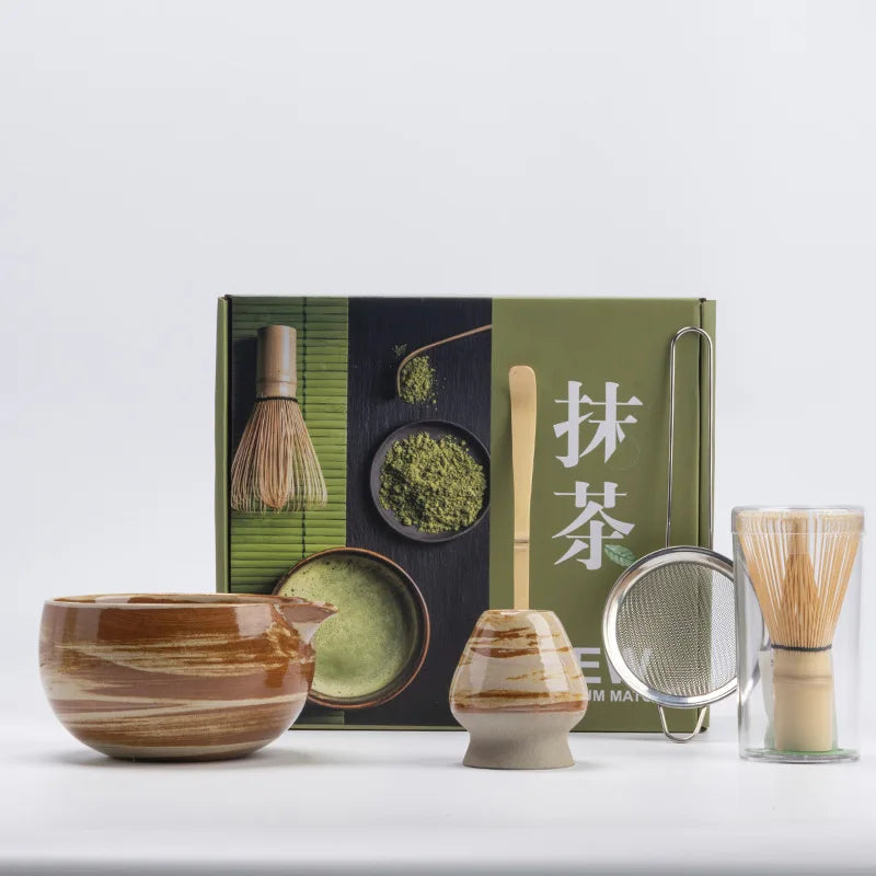 Bamboo Matcha Whisk and Bowl Set 5 Piece, Ceramic Matcha Set with Whisk Holder Scoop and Sifter, Hand Glazed Stoneware Matcha Bowl