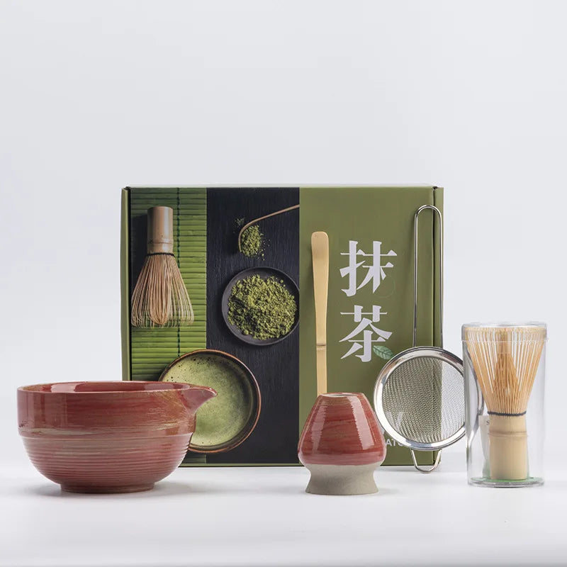 Bamboo Matcha Whisk and Bowl Set 5 Piece, Ceramic Matcha Set with Whisk Holder Scoop and Sifter, Hand Glazed Stoneware Matcha Bowl