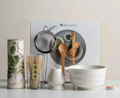 Ceramic Matcha Tea Set | 8-Piece Sakura Design with Bamboo Whisk & Frother | Complete Tools for Authentic Preparation
