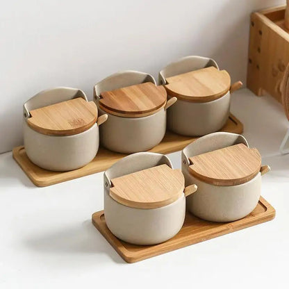 Pot à épices en céramique avec couvercle en bambou et repose-cuillère intégré | Récipient à épices de style japonais pour une cuisine organisée