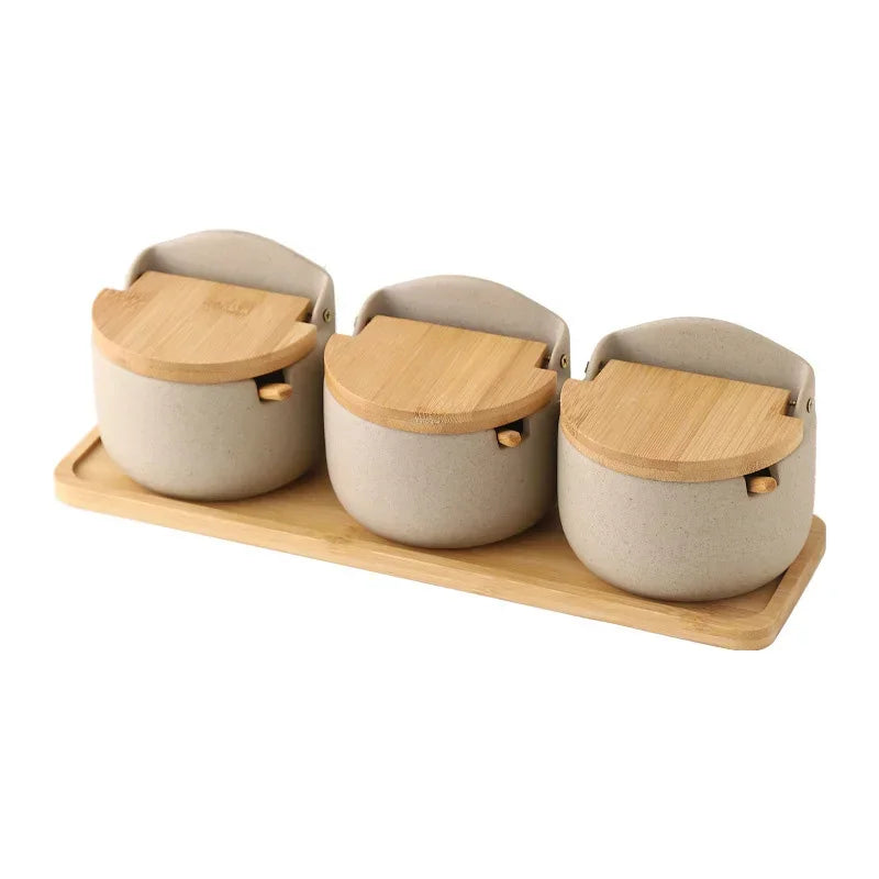 Pot à épices en céramique avec couvercle en bambou et repose-cuillère intégré | Récipient à épices de style japonais pour une cuisine organisée