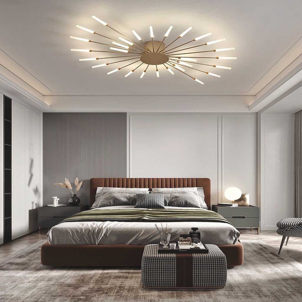Semi-Flush Mount LED Light Fixture Aluminum 32 in Radial Design Black Gold for Living Room Bedroom Dining Room Contemporary Home Decor