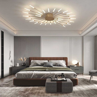 Semi-Flush Mount LED Light Fixture Aluminum 32 in Radial Design Black Gold for Living Room Bedroom Dining Room Contemporary Home Decor
