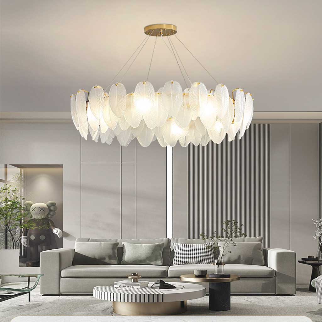 Glass Feather Ceiling Light Fixture 20 in Round Gold White LED Adjustable Color Temp for Dining Living Bedroom Contemporary Home Decor