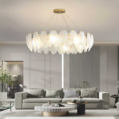 Glass Feather Ceiling Light Fixture 20 in Round Gold White LED Adjustable Color Temp for Dining Living Bedroom Contemporary Home Decor