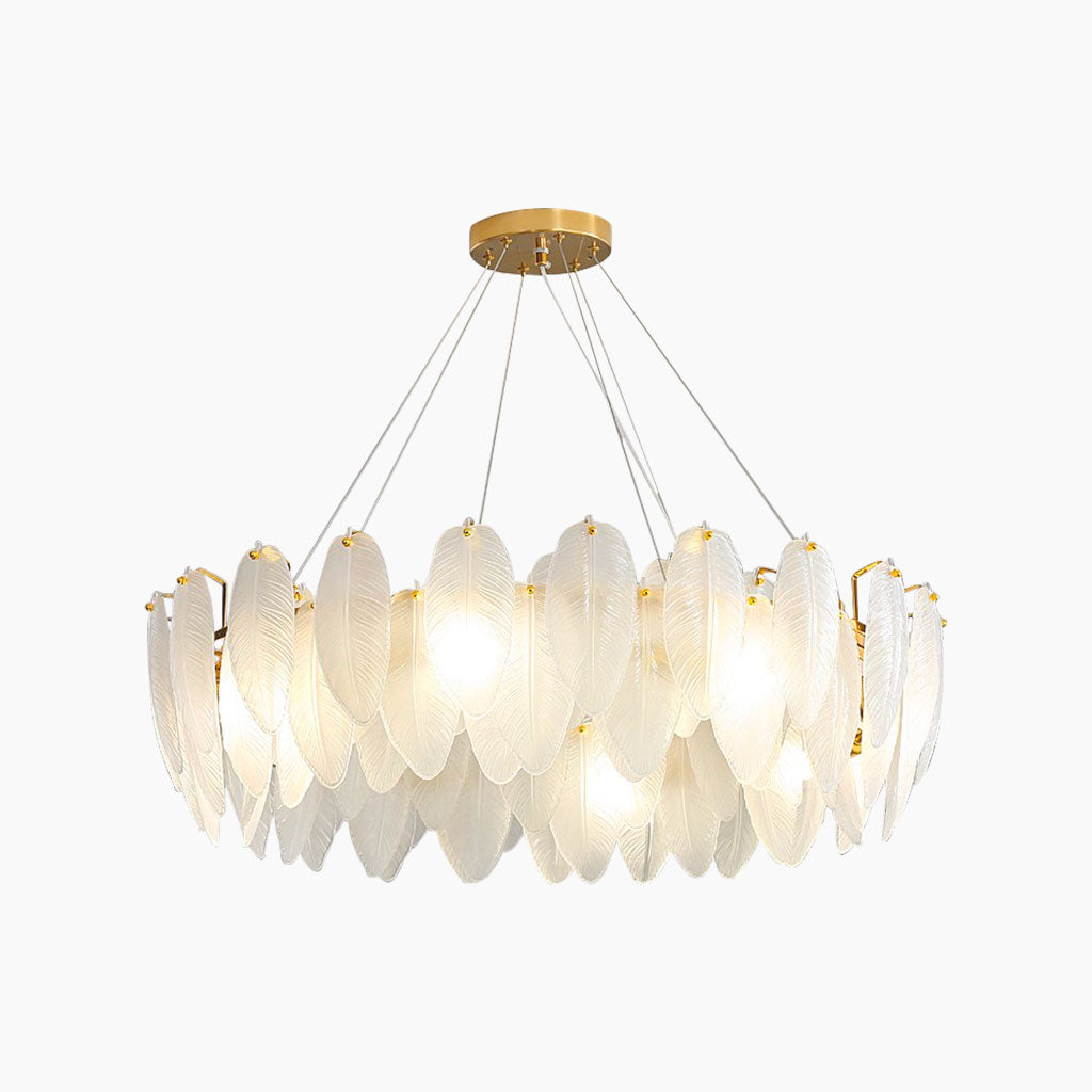Glass Feather Ceiling Light Fixture 20 in Round Gold White LED Adjustable Color Temp for Dining Living Bedroom Contemporary Home Decor