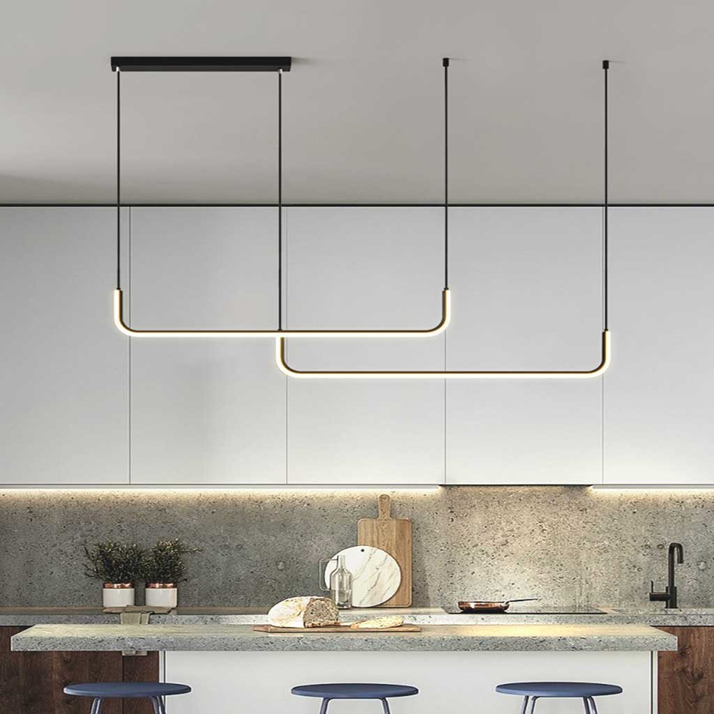 Linear LED Ceiling Light Fixture Dimmable Black Gold Modern Hanging Lamp for Kitchen Island Dining Room Living Room Bedroom Adjustable Heigh