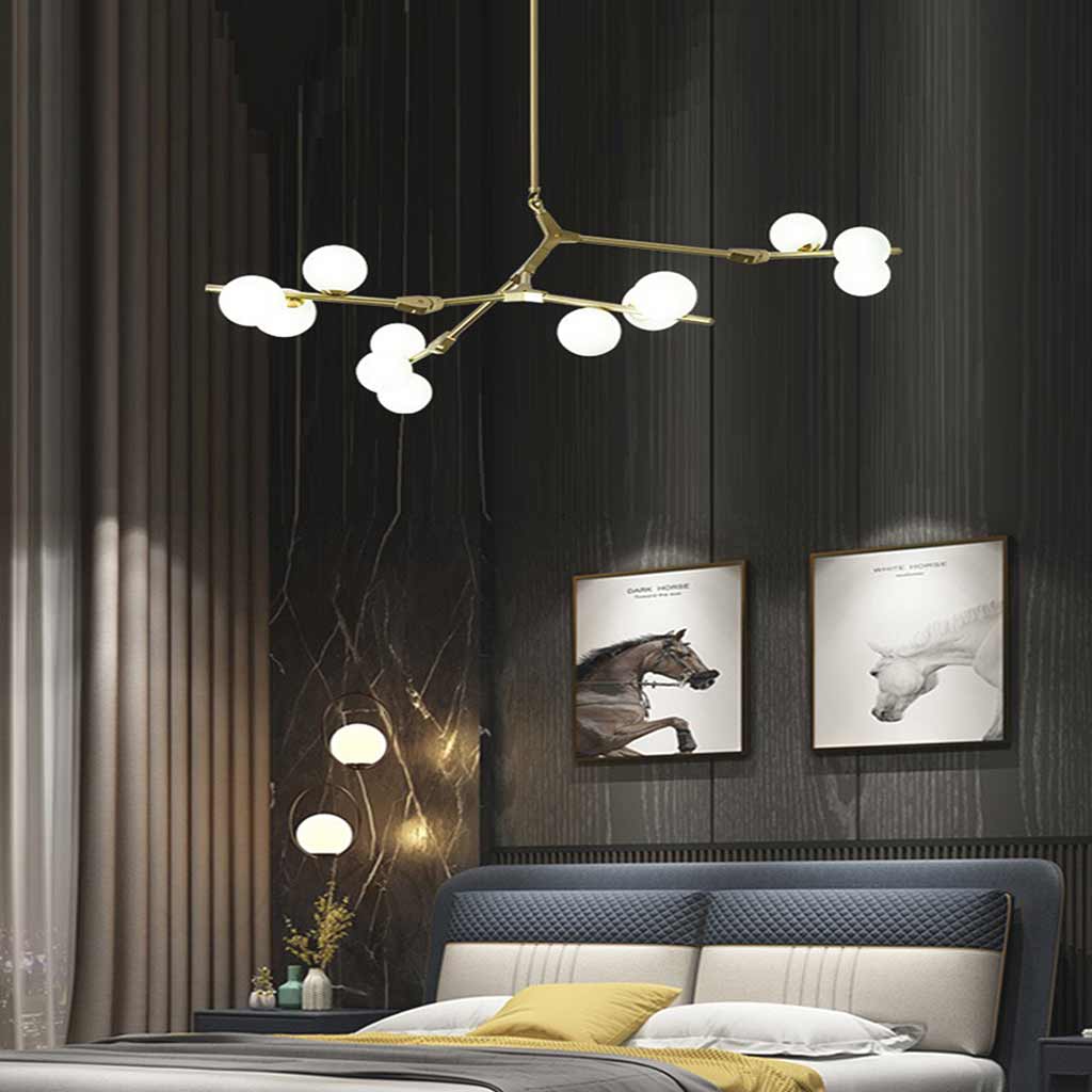Sculptural Glass Sphere Chandelier with Adjustable LED Light — Multi-Arm Metal Frame Statement Fixture for Open Dining Spaces, Great Rooms &