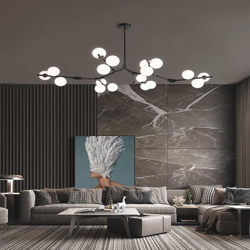 Sculptural Glass Sphere Chandelier with Adjustable LED Light — Multi-Arm Metal Frame Statement Fixture for Open Dining Spaces, Great Rooms &