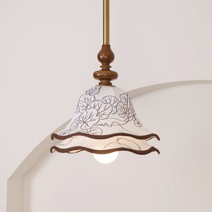Hanging Fixture with Floral Fabric Shade 9.8-Inch Mixed Material Finish Gold Walnut Accents for Dining Room Kitchen Island Living Space Adju