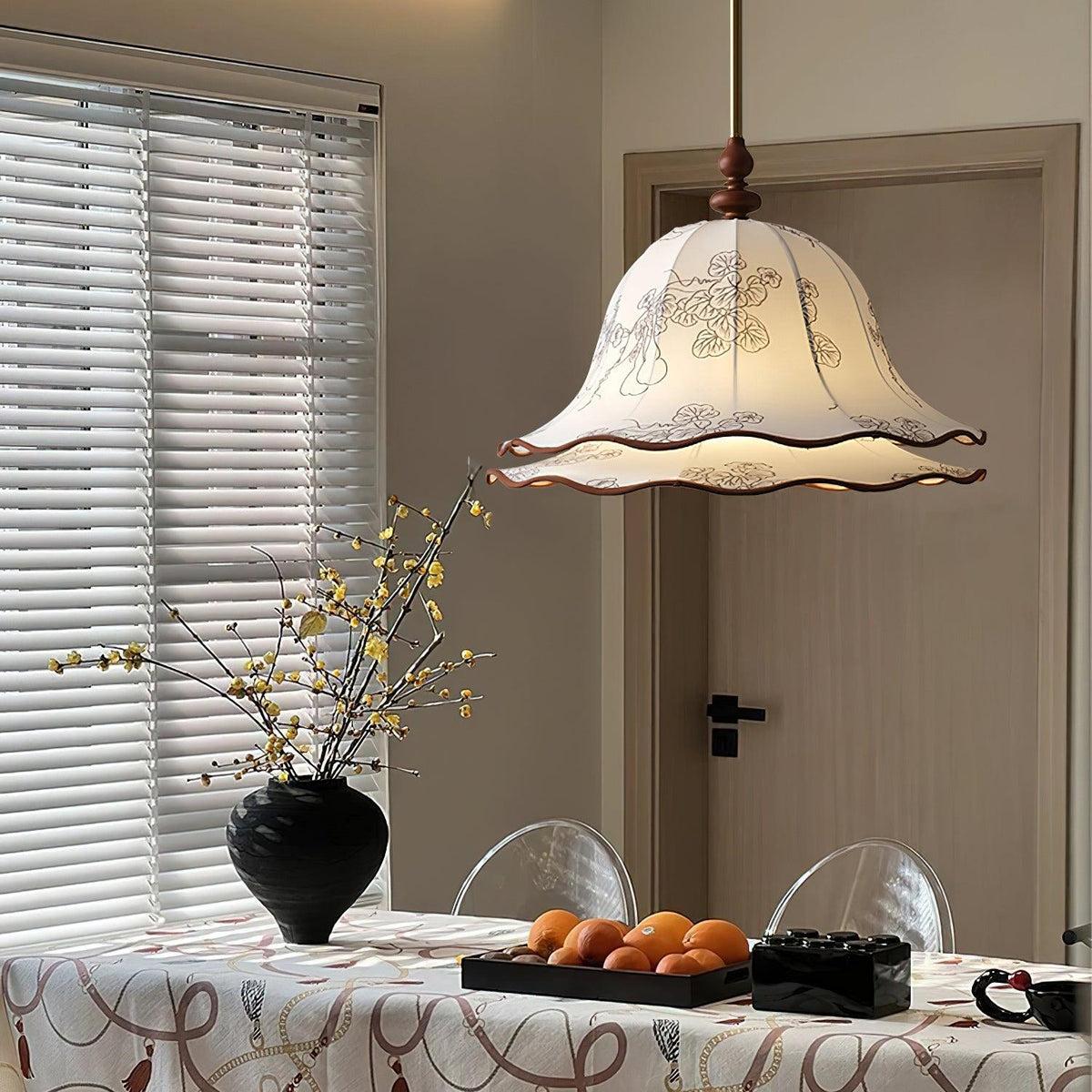 Hanging Fixture with Floral Fabric Shade 9.8-Inch Mixed Material Finish Gold Walnut Accents for Dining Room Kitchen Island Living Space Adju
