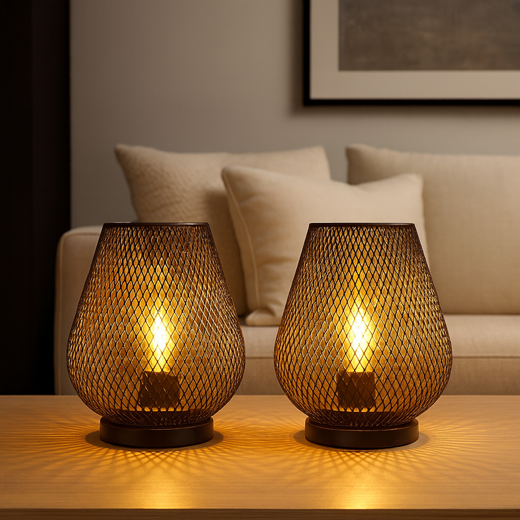 Cordless Metal Table Lamp with Openwork Pattern & Warm LED Light for Living Room, Bedroom & Patio