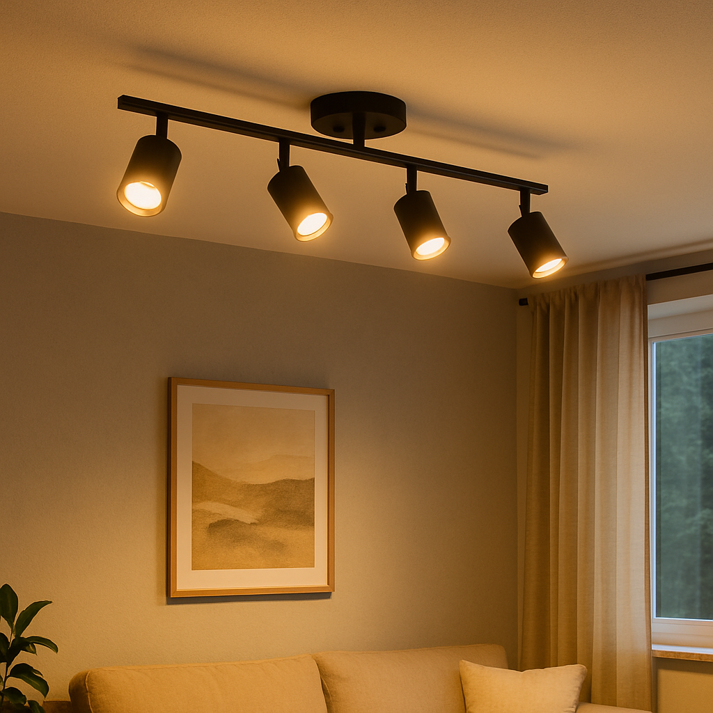 Four-Head Track Spotlight Fixture for Kitchen & Living Room | Directional Aluminum Rail Lighting in Black or White Finish | GU10 Socket Comp