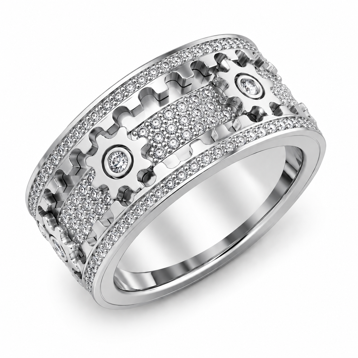 Rotating Gear Ring with 6 Moving Cogs – Stainless Steel Fidget Spinner Ring with Cubic Zirconia Stones for Focus & Stress Relief
