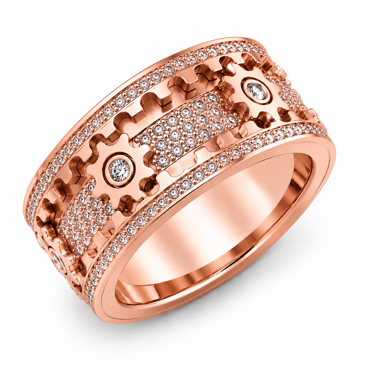 Rotating Gear Ring with 6 Moving Cogs – Stainless Steel Fidget Spinner Ring with Cubic Zirconia Stones for Focus & Stress Relief