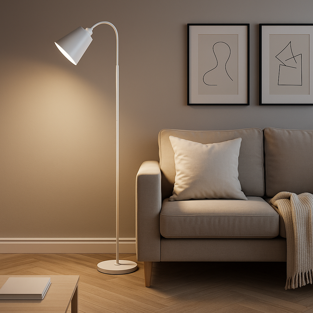 Adjustable Reading Floor Lamp with Metal Arm and Round Wood Base | Modern Scandinavian Style Task Light for Living Room Bedroom Office