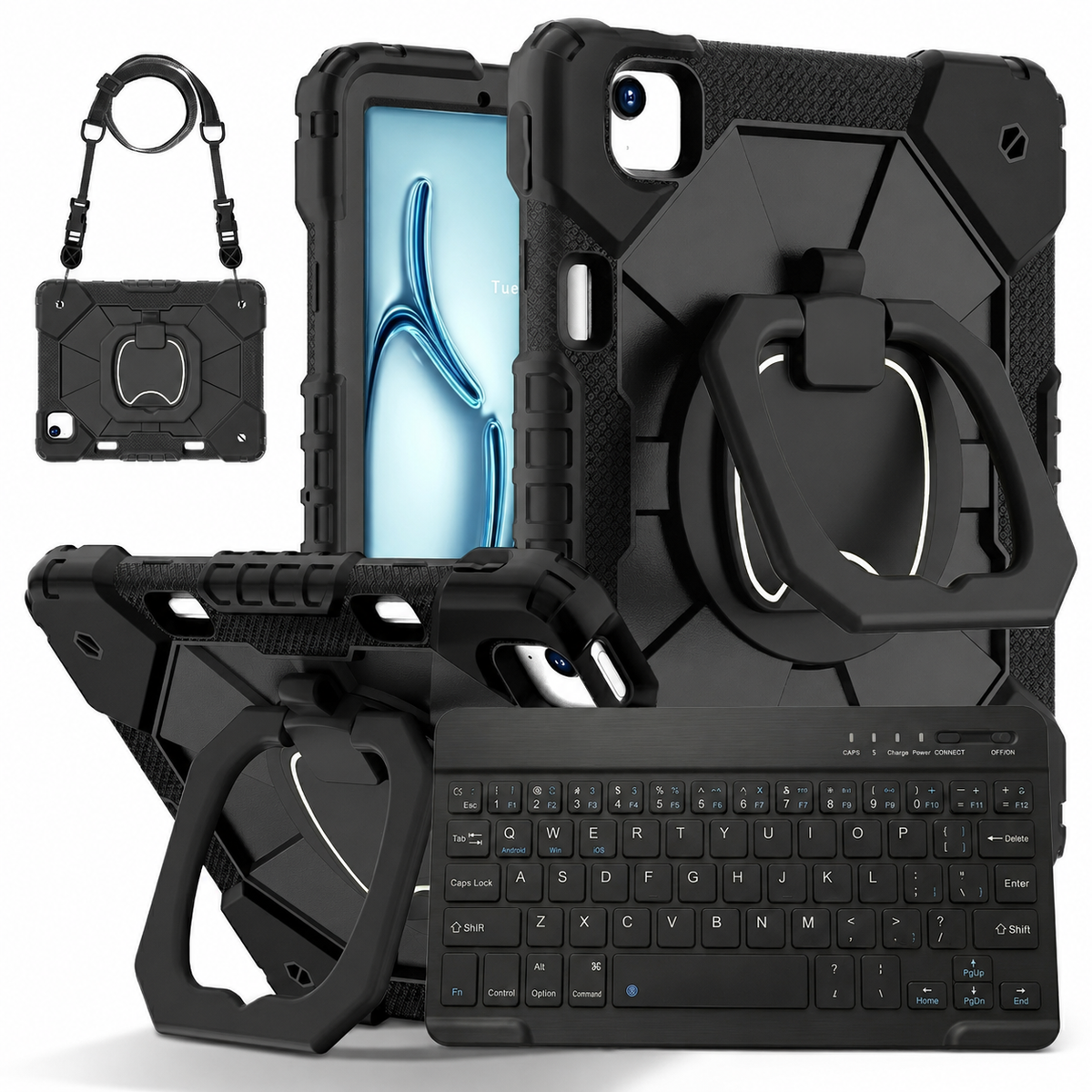 Heavy-Duty iPad Case with Rotating Grip, Kickstand, Shoulder Strap & Wireless Keyboard — Three-Layer Protection for Mac & PC Users