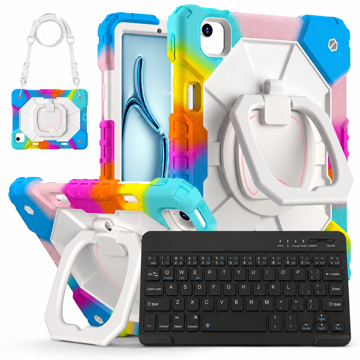 Heavy-Duty iPad Case with Rotating Grip, Kickstand, Shoulder Strap & Wireless Keyboard — Three-Layer Protection for Mac & PC Users