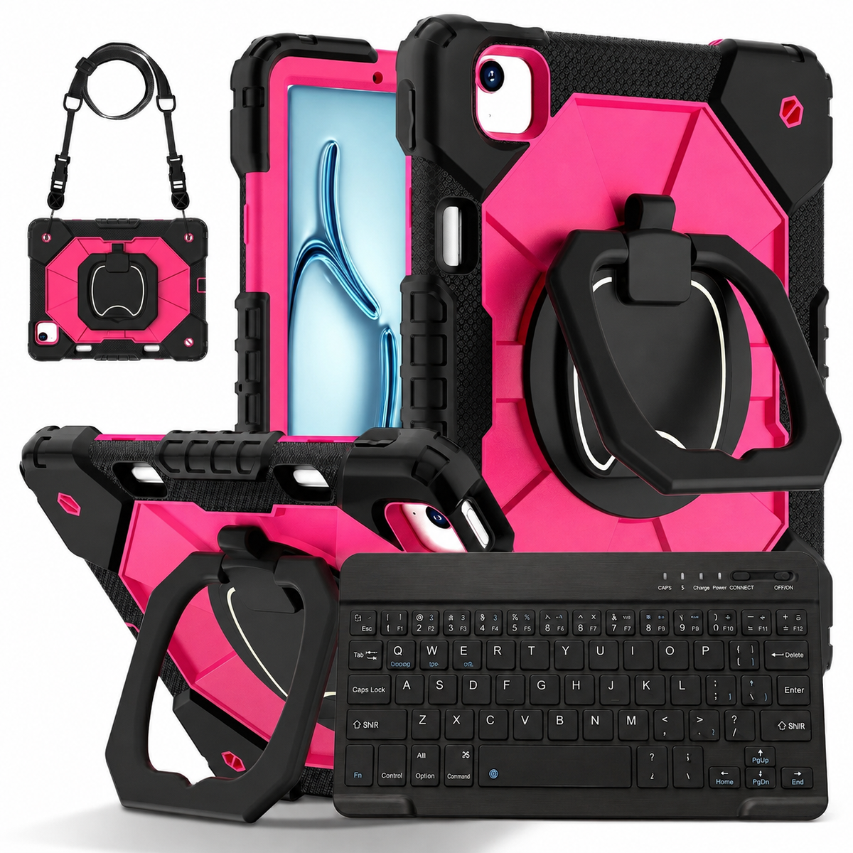 Heavy-Duty iPad Case with Rotating Grip, Kickstand, Shoulder Strap & Wireless Keyboard — Three-Layer Protection for Mac & PC Users