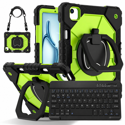 Heavy-Duty iPad Case with Rotating Grip, Kickstand, Shoulder Strap & Wireless Keyboard — Three-Layer Protection for Mac & PC Users