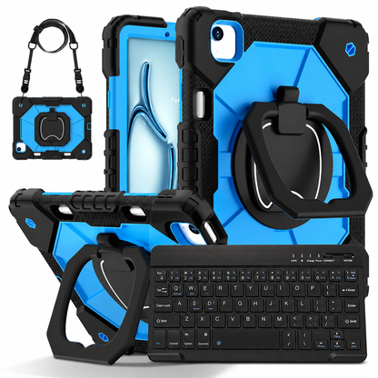Heavy-Duty iPad Case with Rotating Grip, Kickstand, Shoulder Strap & Wireless Keyboard — Three-Layer Protection for Mac & PC Users