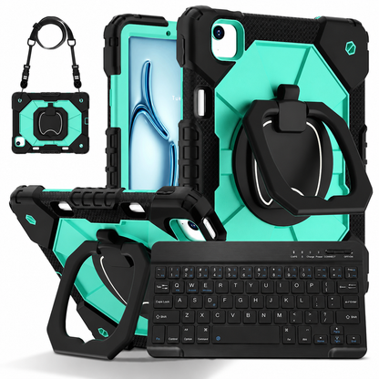 Heavy-Duty iPad Case with Rotating Grip, Kickstand, Shoulder Strap & Wireless Keyboard — Three-Layer Protection for Mac & PC Users