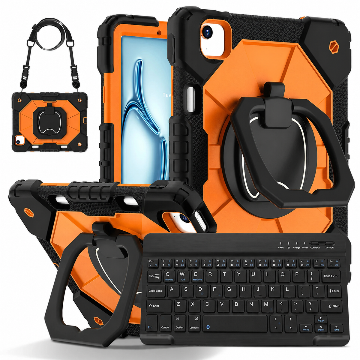 Heavy-Duty iPad Case with Rotating Grip, Kickstand, Shoulder Strap & Wireless Keyboard — Three-Layer Protection for Mac & PC Users