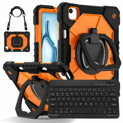 Heavy-Duty iPad Case with Rotating Grip, Kickstand, Shoulder Strap & Wireless Keyboard — Three-Layer Protection for Mac & PC Users
