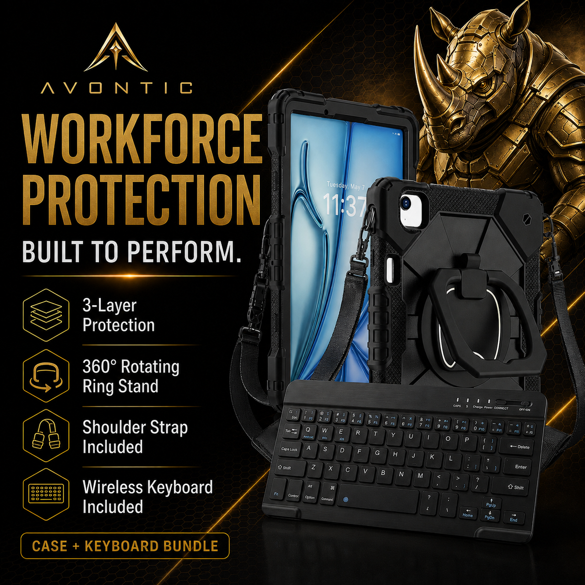 Heavy-Duty iPad Case with Rotating Grip, Kickstand, Shoulder Strap & Wireless Keyboard — Three-Layer Protection for Mac & PC Users