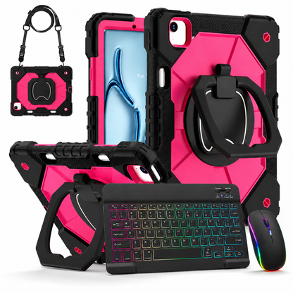 Rugged iPad Case with Backlit Wireless Keyboard & Mouse Bundle – Rotating Ring Grip, Kickstand, Shoulder Strap & Apple Pencil Slot for