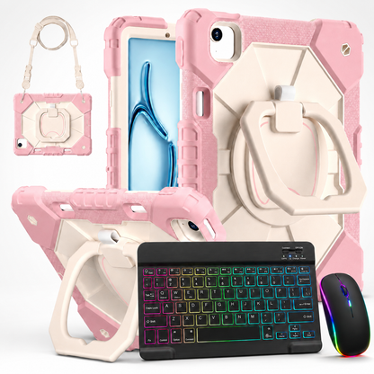 Rugged iPad Case with Backlit Wireless Keyboard & Mouse Bundle – Rotating Ring Grip, Kickstand, Shoulder Strap & Apple Pencil Slot for