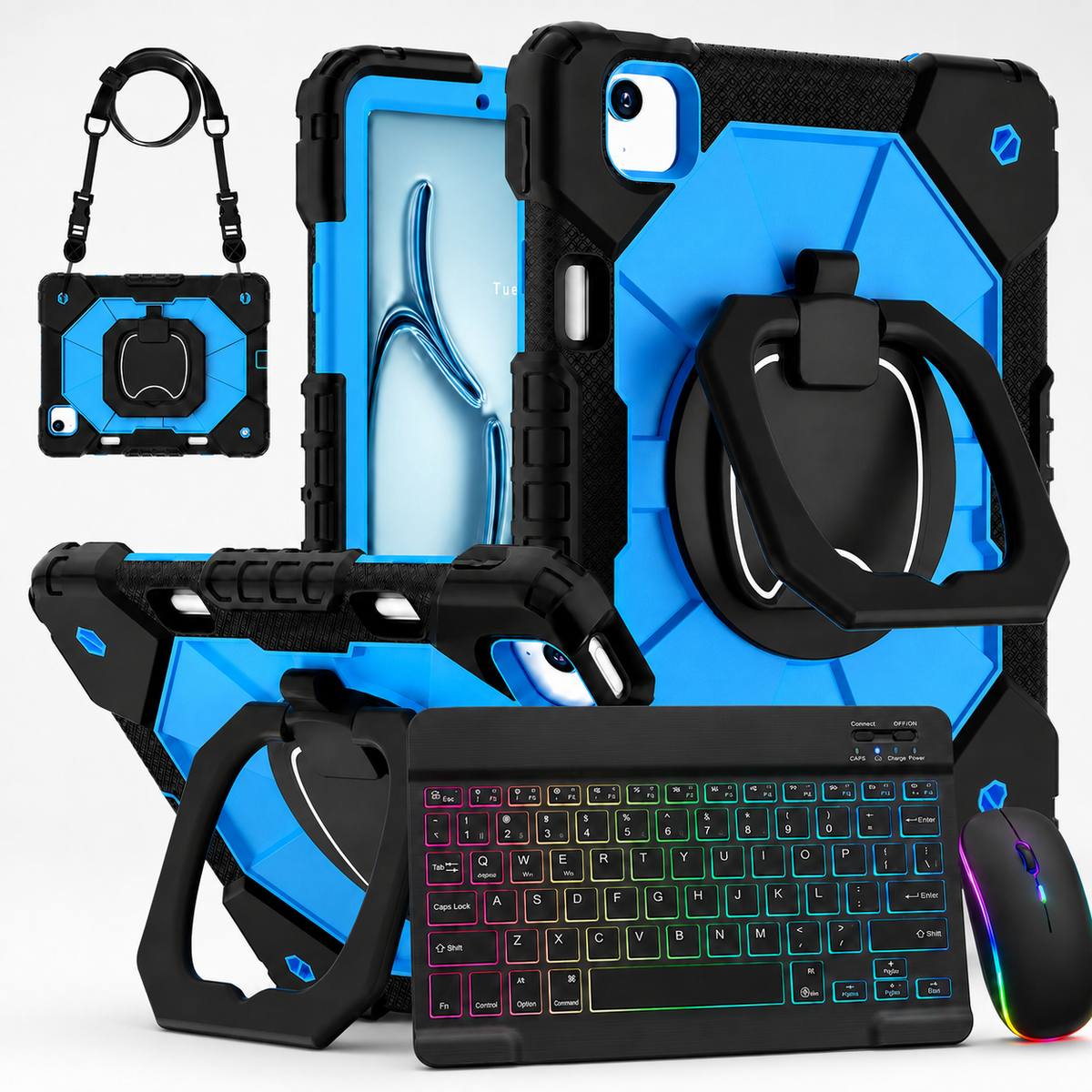 Rugged iPad Case with Backlit Wireless Keyboard & Mouse Bundle – Rotating Ring Grip, Kickstand, Shoulder Strap & Apple Pencil Slot for