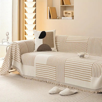 Housse de canapé chic en chenille - Motif rayé avec pompons, antidérapante pour canapé d'angle