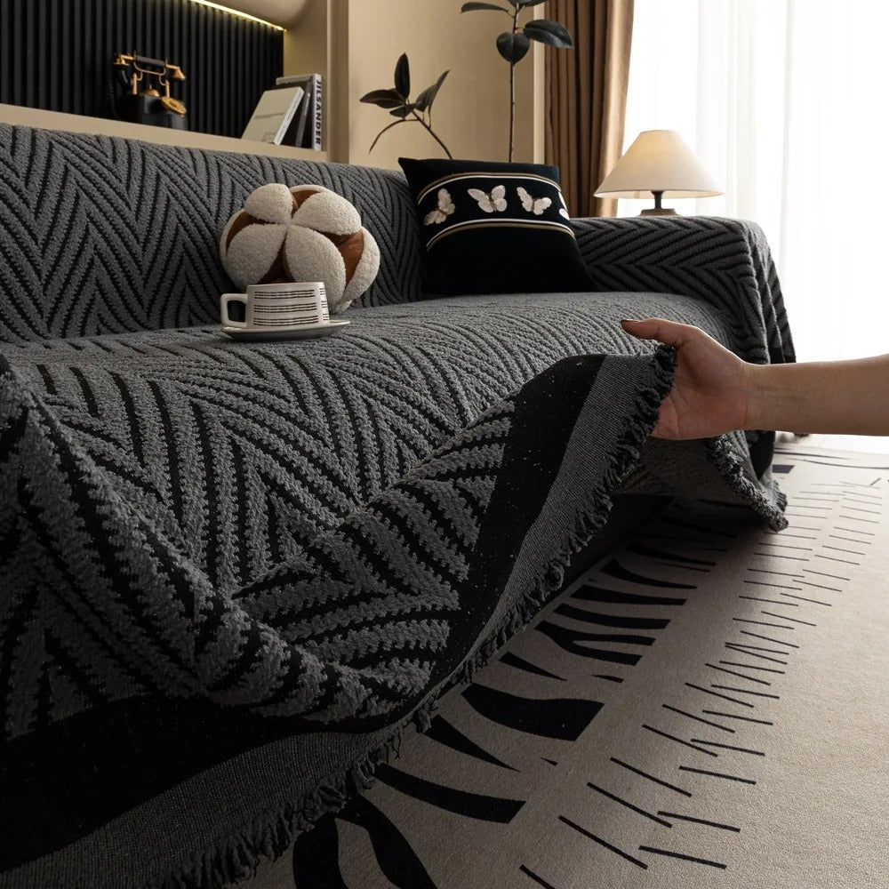 Textured Throw Blanket with Fringe Trim for Sofa | Modern Chevron Weave Furniture Protector & Decorative Accent