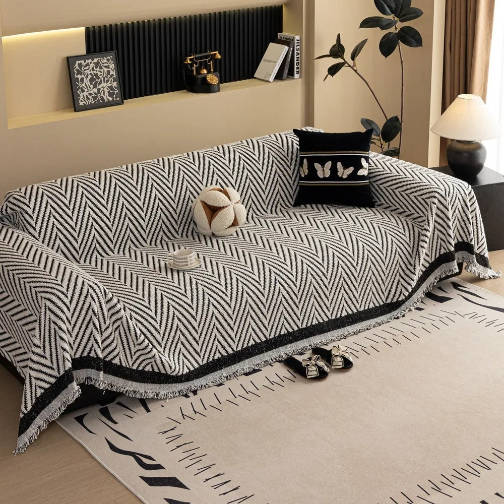 Textured Throw Blanket with Fringe Trim for Sofa | Modern Chevron Weave Furniture Protector & Decorative Accent