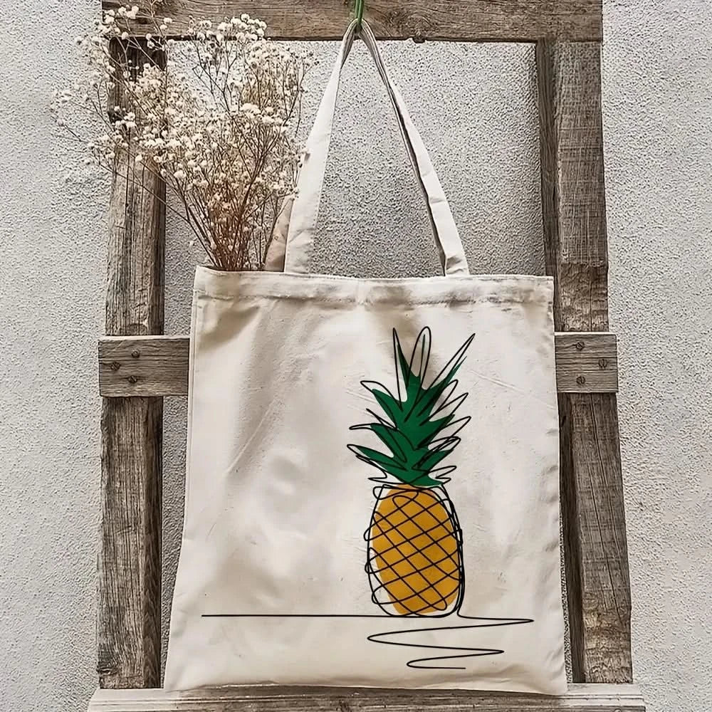 PINELIVA – Stylish Pineapple Print Canvas Tote Bag for Everyday Use