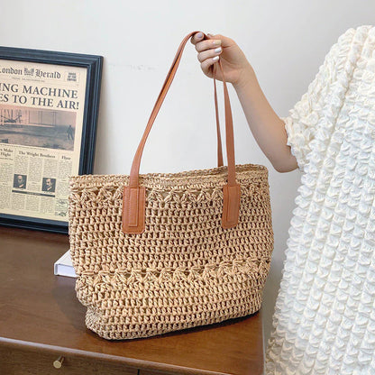 Ortekor Chic Straw Tote Bag with Leather Straps | Stylish Beach Bag for Everyday Use