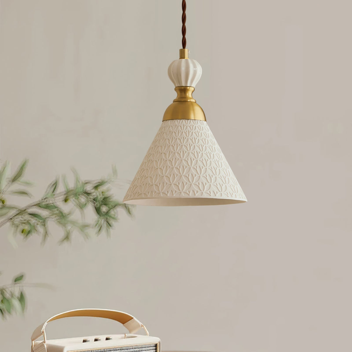 Hanging Ceiling Light Fixture White Ceramic Shade with Gold Hardware 9 in Adjustable Cord for Kitchen Island Dining Room Indoor Use E26 Sock