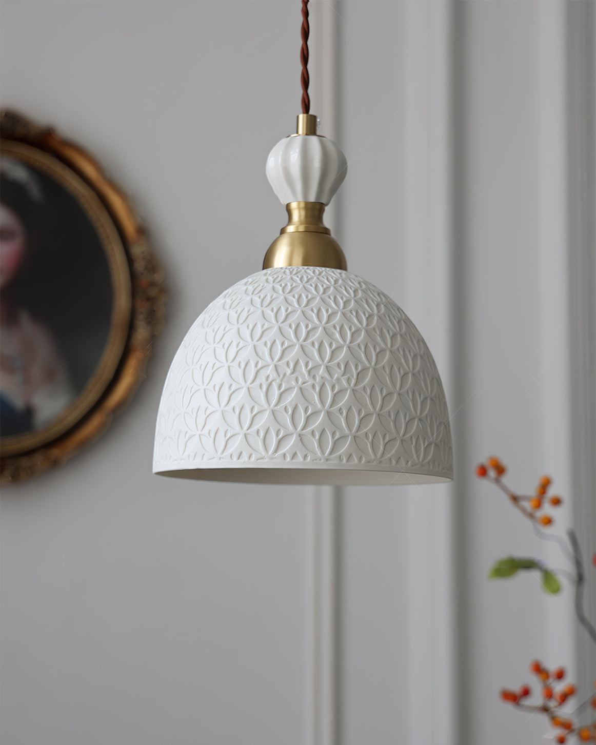 Hanging Ceiling Light Fixture White Ceramic Shade with Gold Hardware 9 in Adjustable Cord for Kitchen Island Dining Room Indoor Use E26 Sock