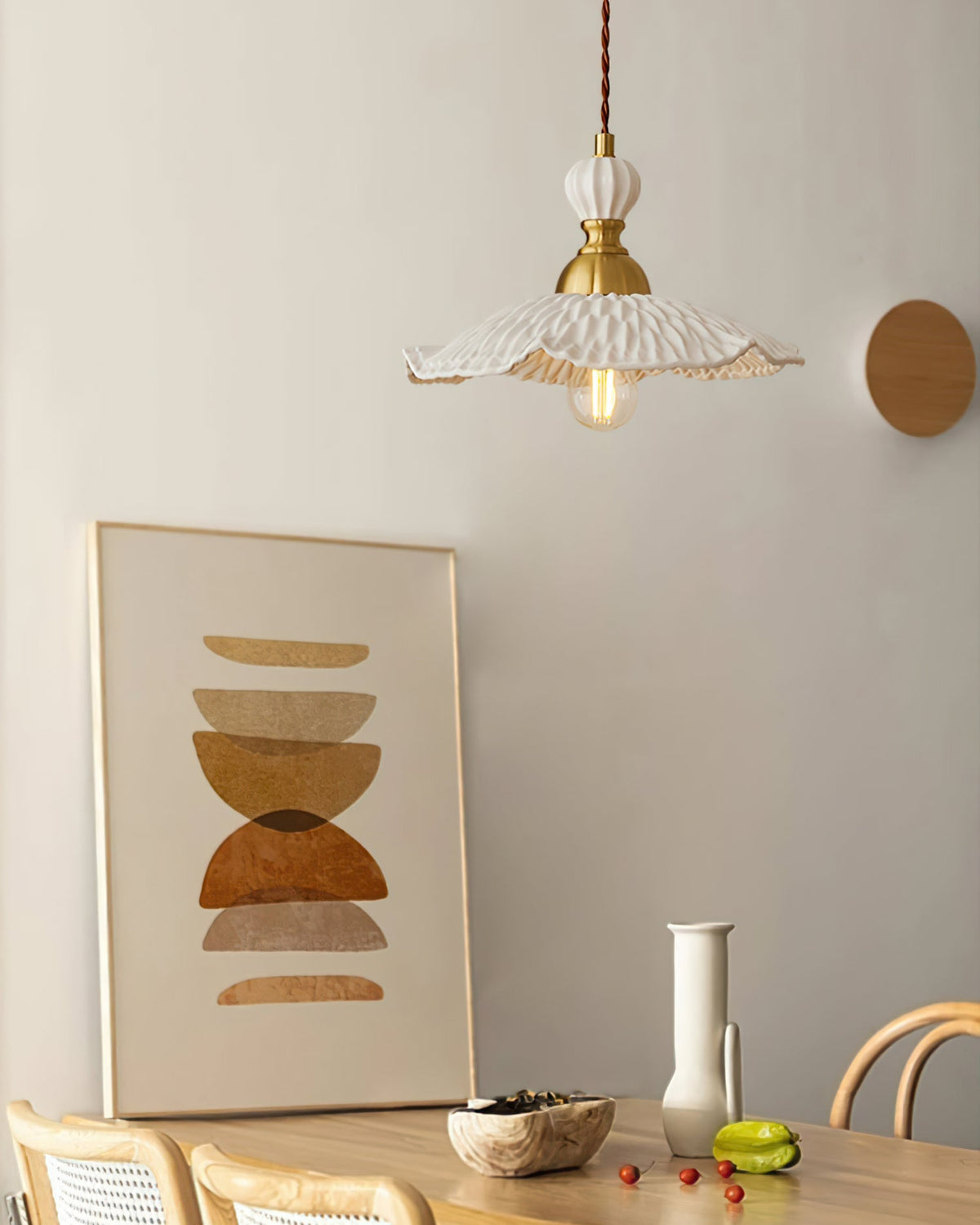 Hanging Ceiling Light Fixture White Ceramic Shade with Gold Hardware 9 in Adjustable Cord for Kitchen Island Dining Room Indoor Use E26 Sock