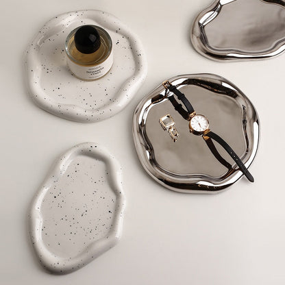Chrome Plated Ceramic Tray and Dish for Snacks and Trinkets – White with Black Dots and Silver