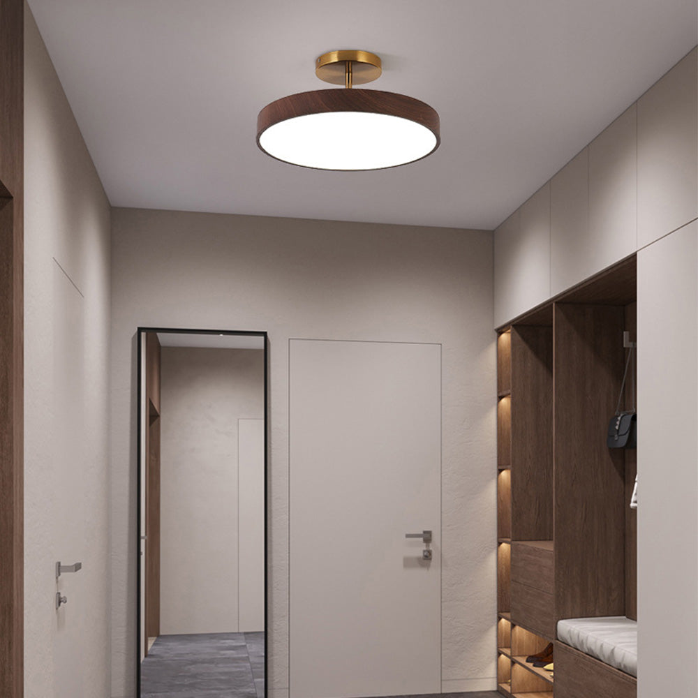 Round LED Flush Mount Ceiling Light with Faux Wood Finish – Iron Frame, Integrated Panel, 220-240V – For Bedroom, Living Room, Dining Room