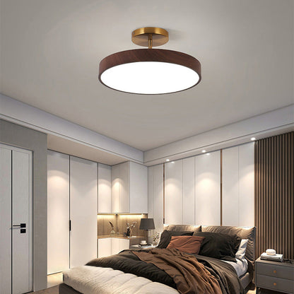 Round LED Flush Mount Ceiling Light with Faux Wood Finish – Iron Frame, Integrated Panel, 220-240V – For Bedroom, Living Room, Dining Room