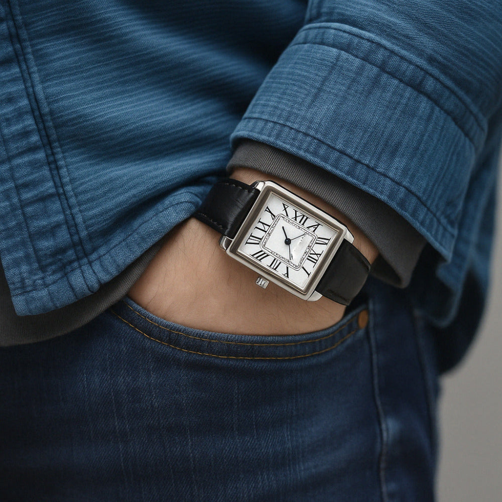 Montre carrée pour homme, montre habillée avec cadran à chiffres romains, montre analogique à quartz avec bracelet en cuir classique pour tenue formelle