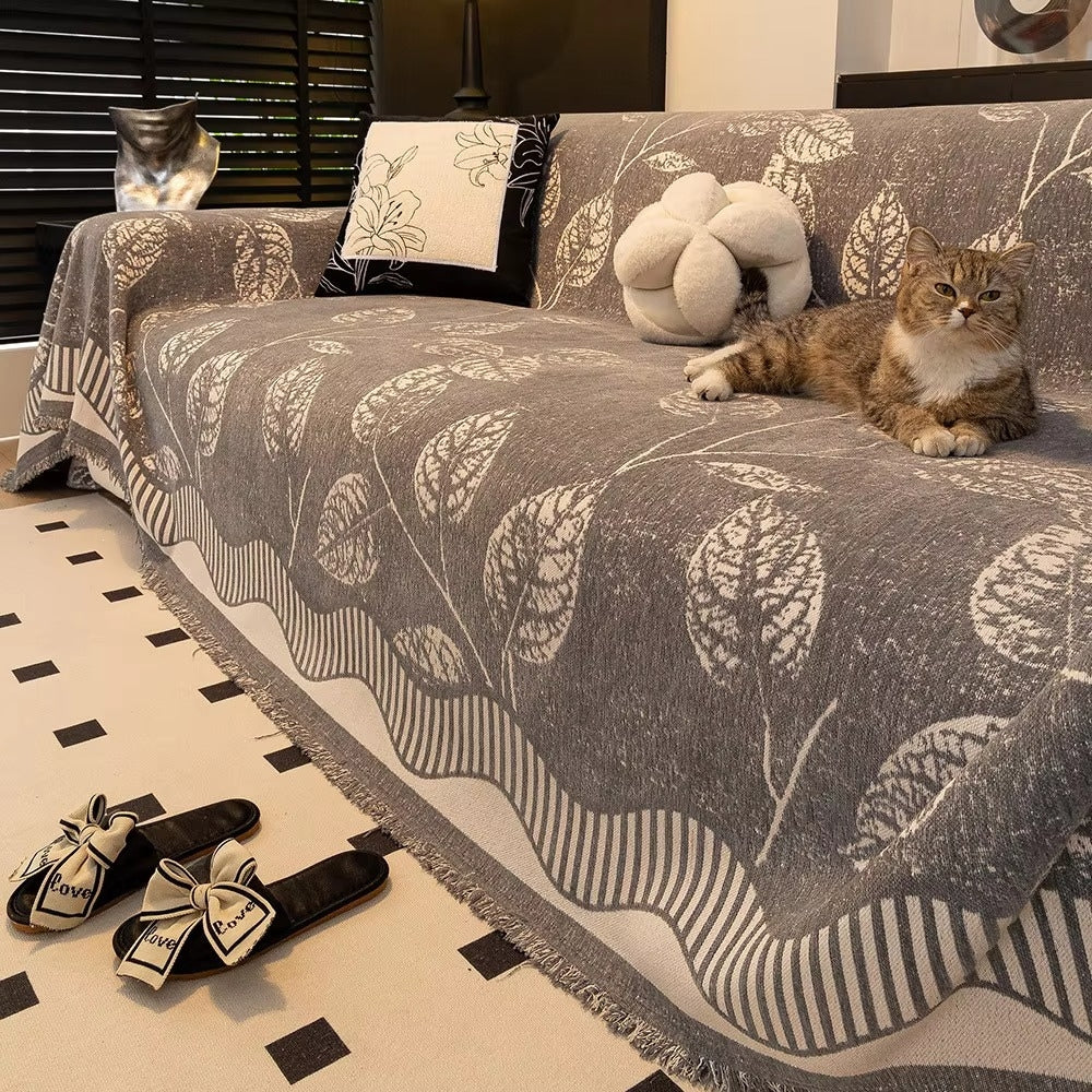 Cleo Sofa Cover - Chenille Leaf Pattern, Machine Washable, Anti-Slip